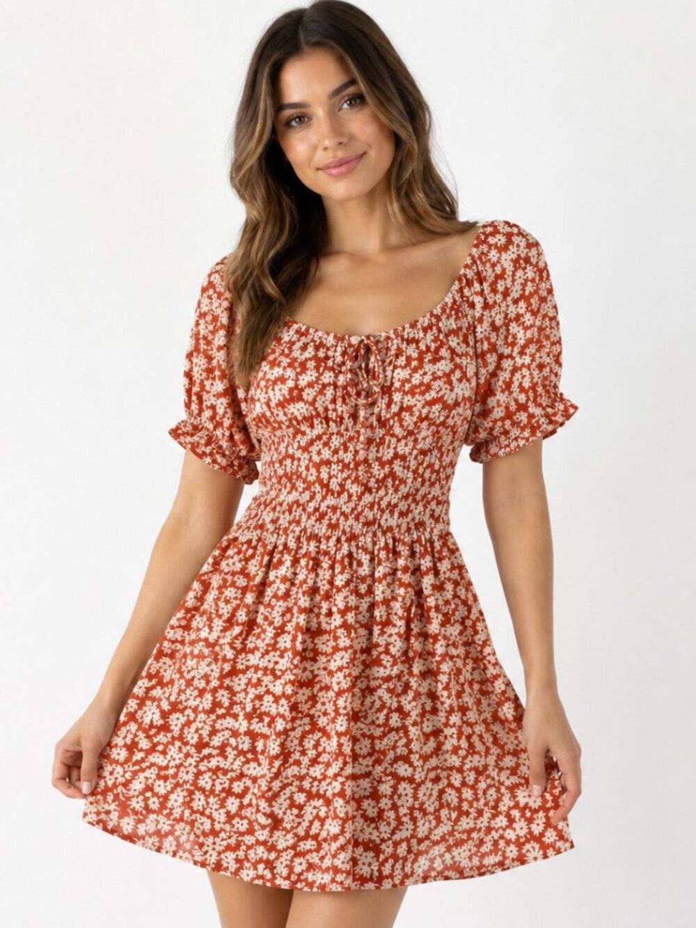 Weekend Los Angeles Orange Daisy Smocked Mini Dress M